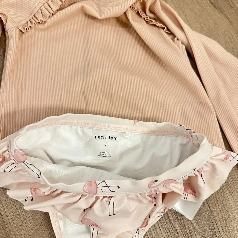PETIT LEM Ribbed Long-Sleeve Rose Quartz & Flamingos Rashguard Set Size 2